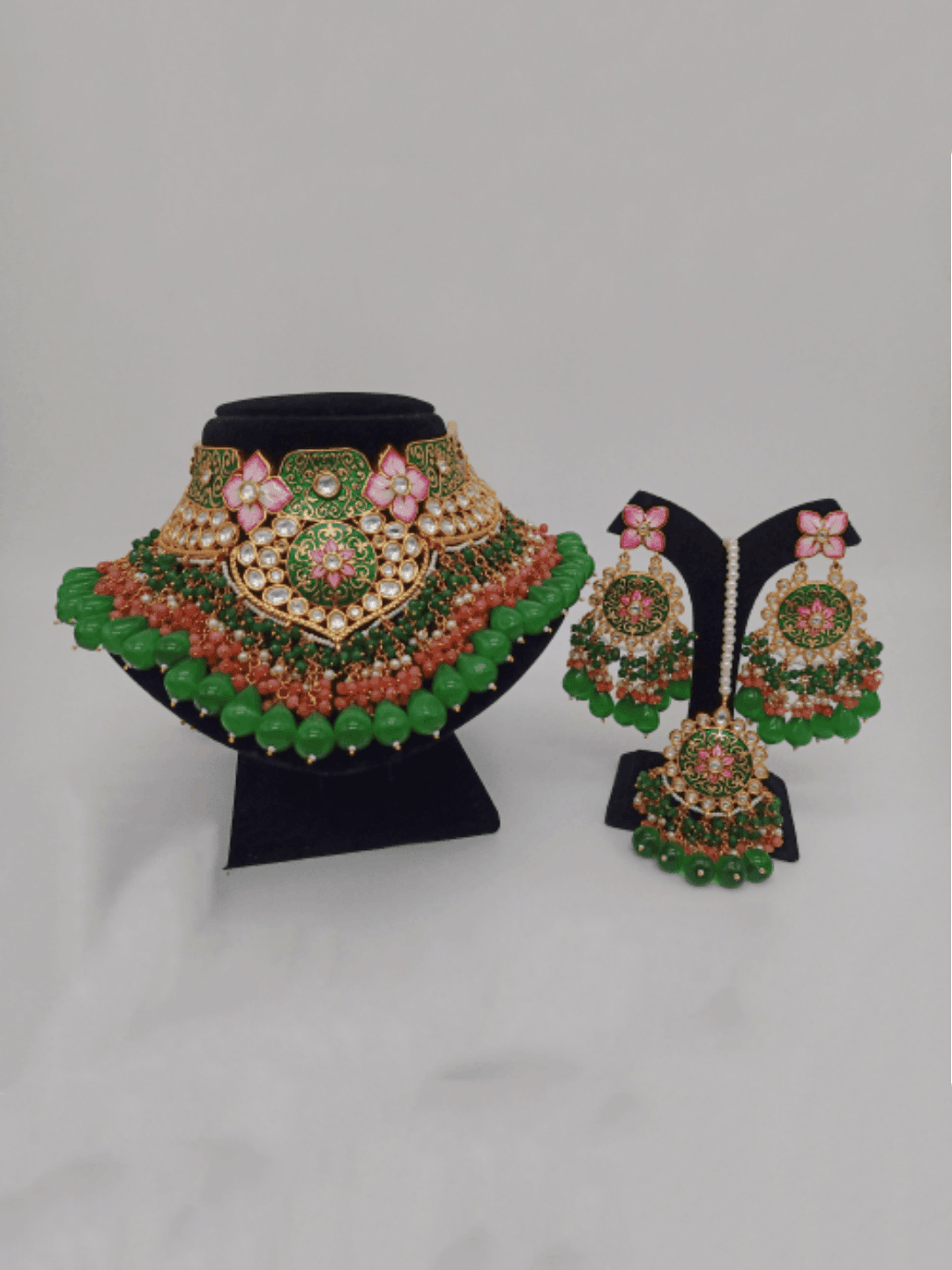 Ishhaara Green Royal Meenakari Necklace Earring And Teeka Set