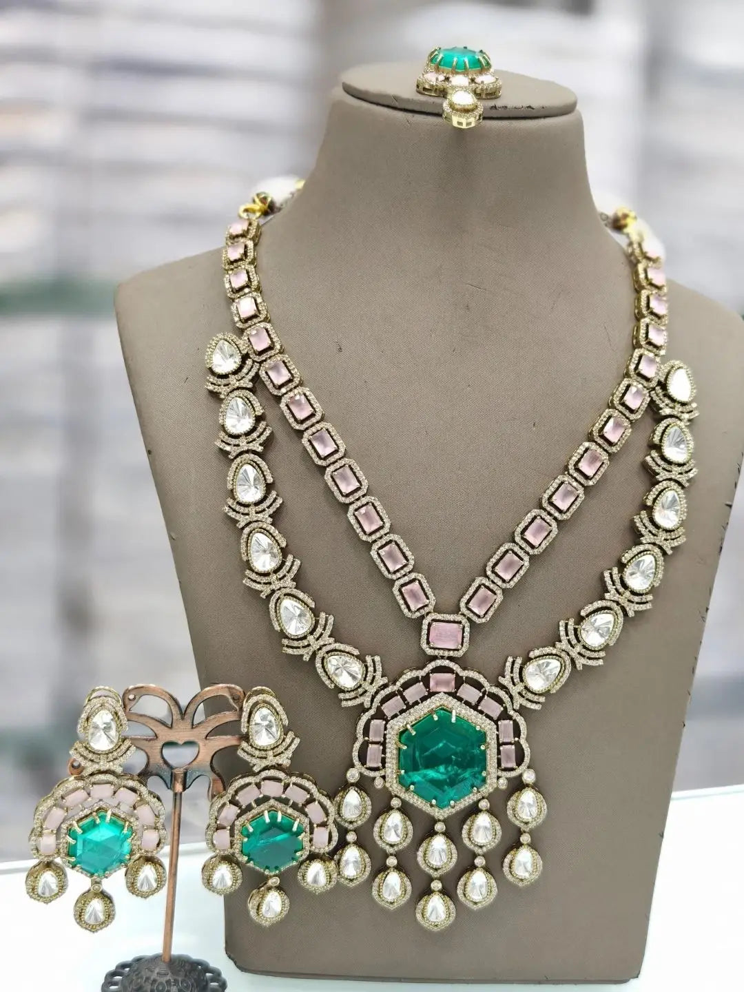 Ishhaara Green Sabyasachi Inspired Long Victorian Necklace Set