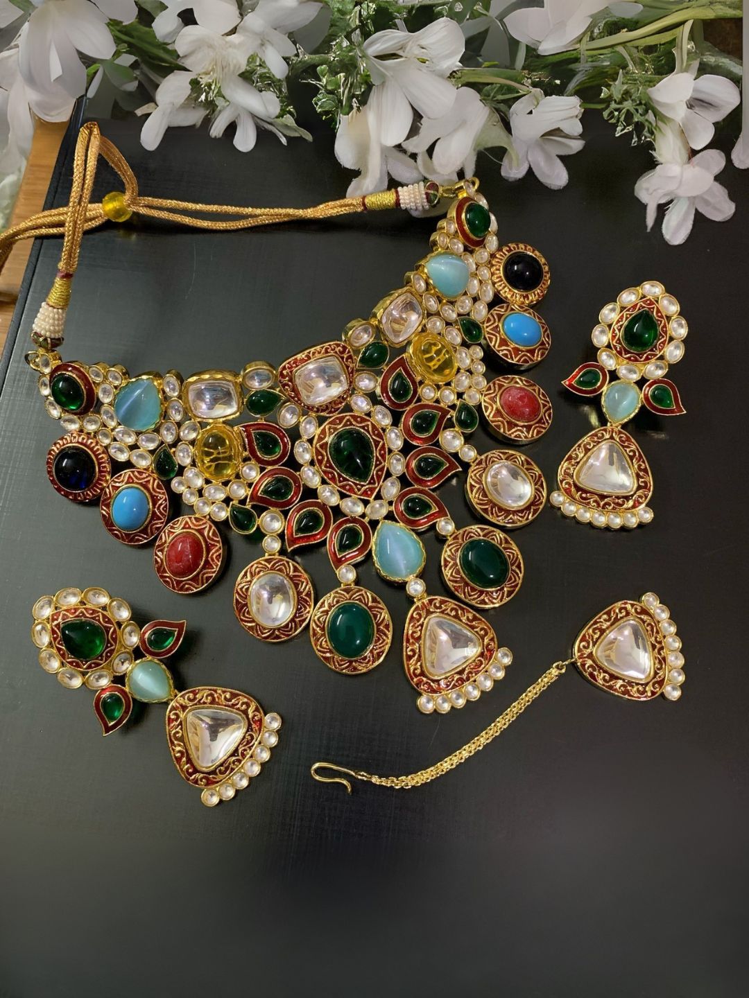 Ishhaara Green Sabyasachi Replica Semi Precious Navratan And Kundan Necklace Set