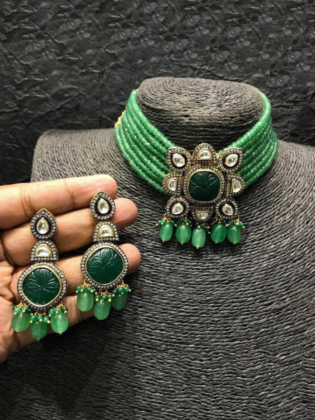Ishhaara Green Semi Precious Centre Stone Choker Set