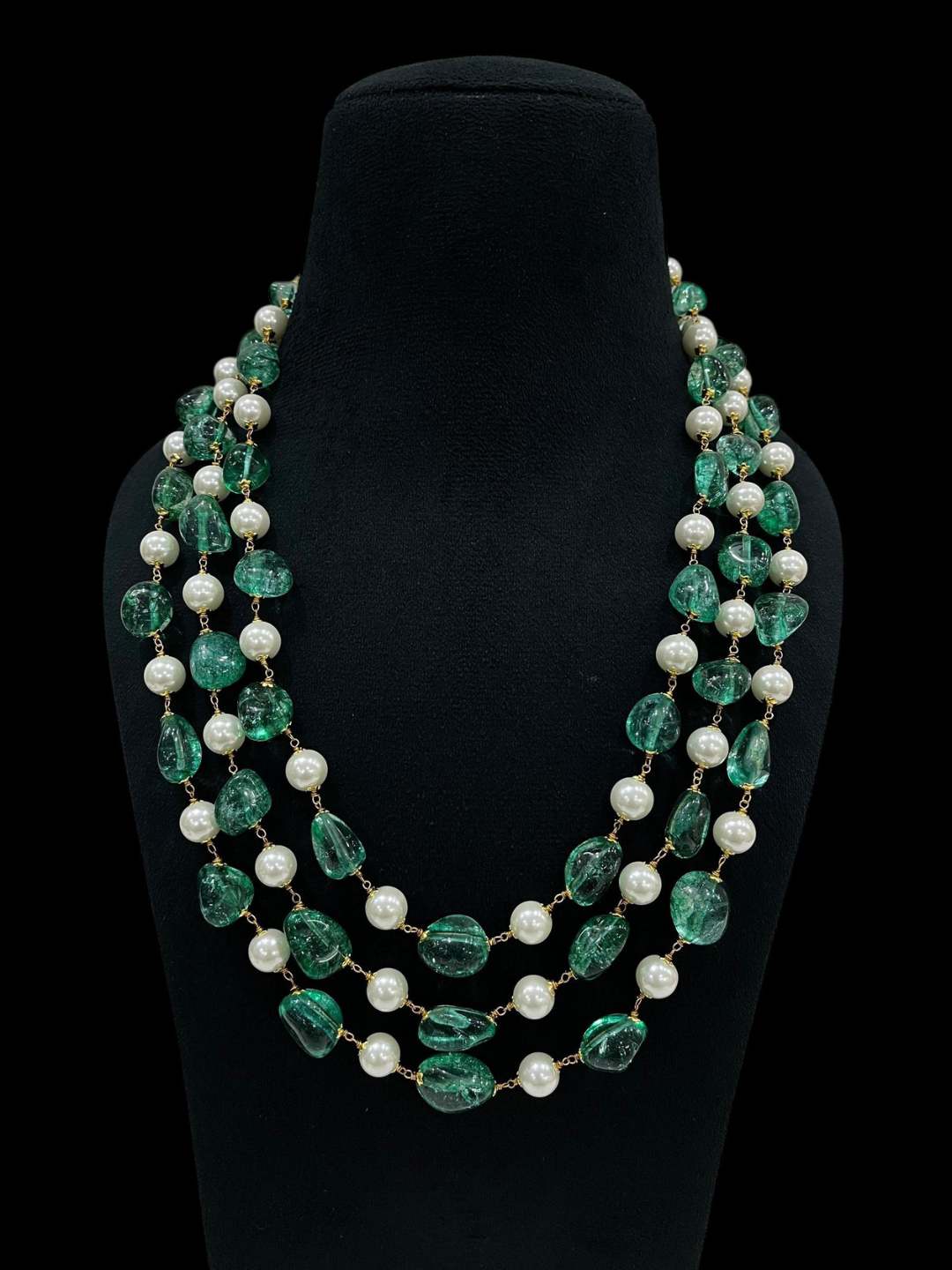 Ishhaara Green Semi Precious Double Layer Long Tourmaline Beaded Necklace