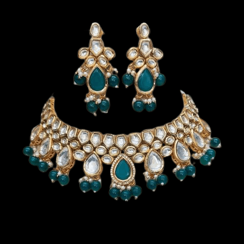 Ishhaara Green Simple Kundan Drop Hanging Necklace Set