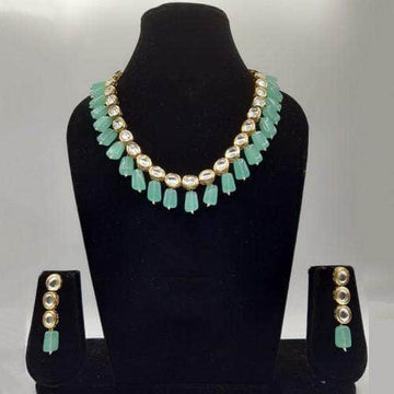 Ishhaara Green Single Line Kundan Beads Necklace Set