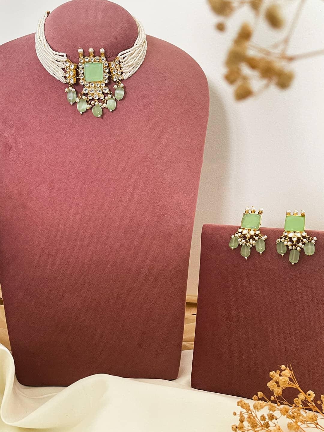 Ishhaara Green Square Pendant Pachi Kundan Necklace Set