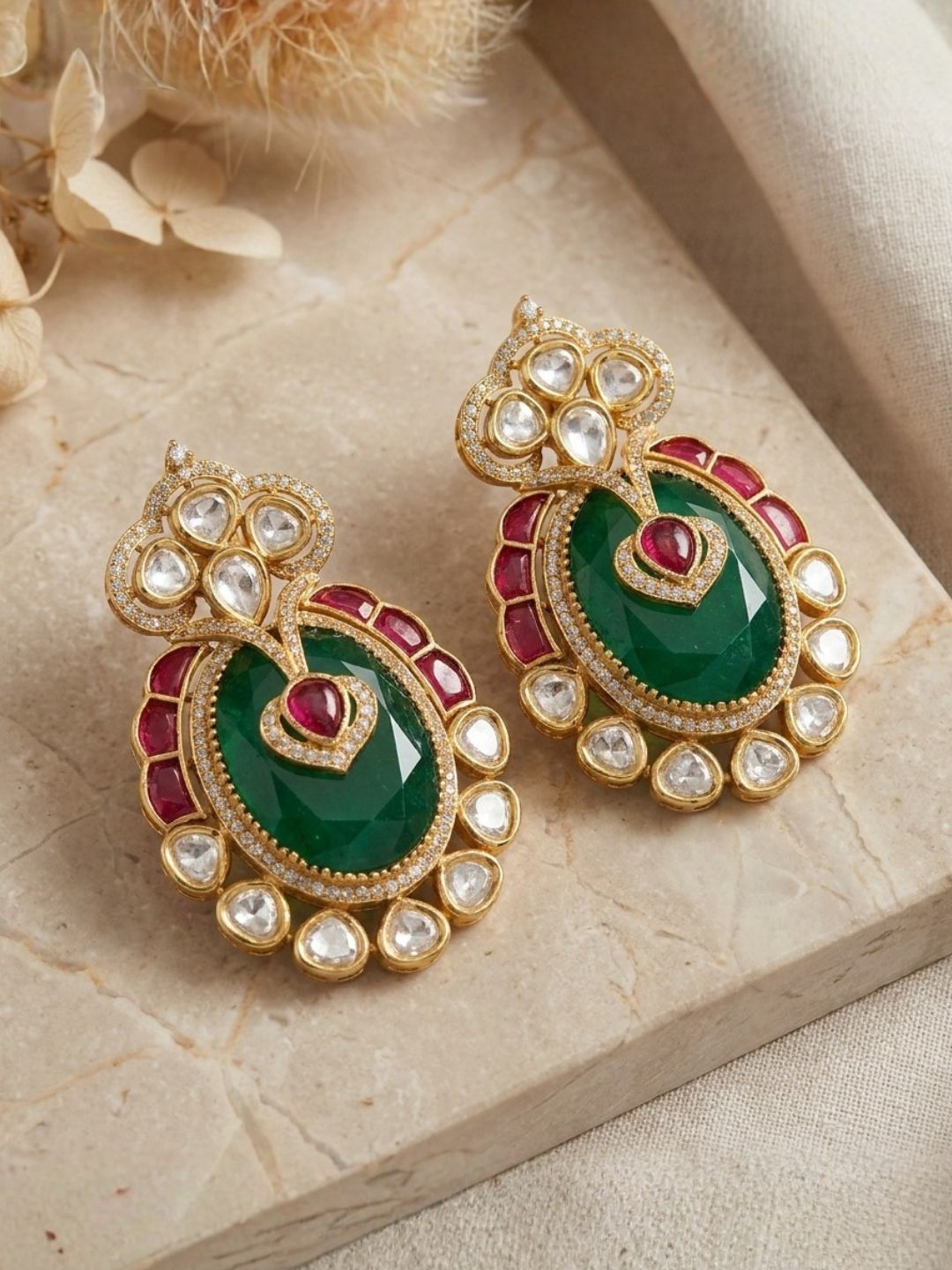 Ishhaara Green Stone Dangler Earrings