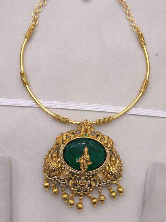 Ishhaara Green Stone Krishna Pendant Necklace - handcrafted Indian jewellery