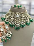 Ishhaara Green Stone Studded And Beaded Moissanite Kundan Choker