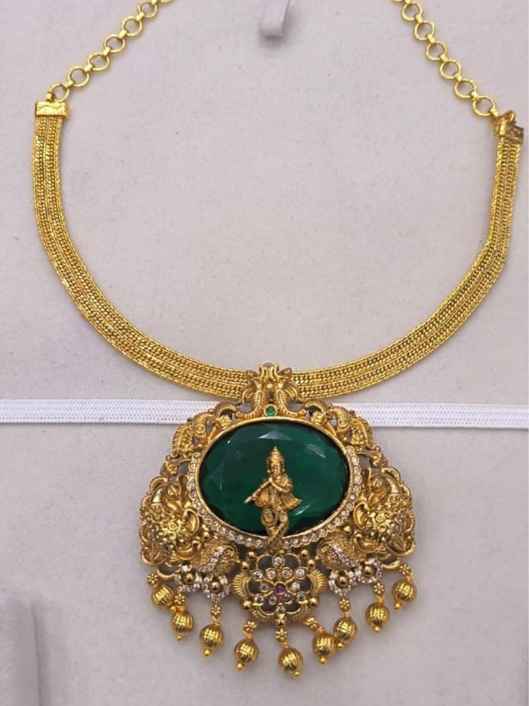 Ishhaara Green Stone Temple Pendant Necklace - handcrafted Indian jewellery