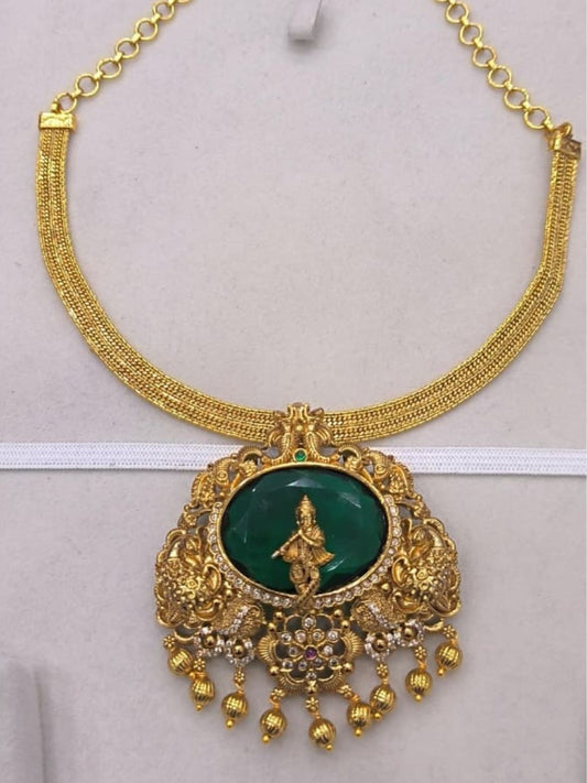 Ishhaara Green Stone Temple Pendant Necklace - handcrafted Indian jewellery