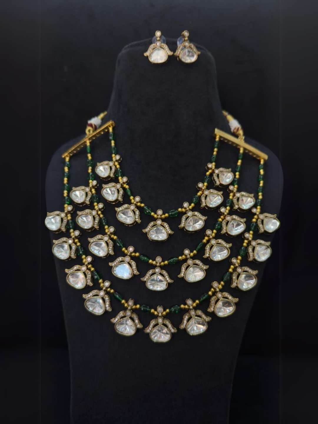 Ishhaara Green Three Layer Doublet Stone Designer Necklace Set In Victorian Style