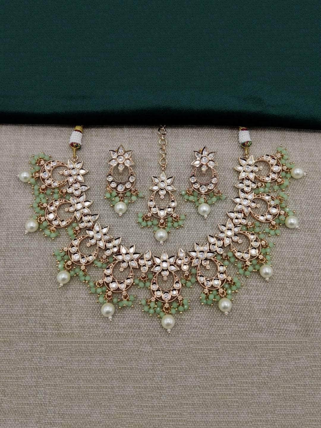 Ishhaara Green Tiny Pearl drop Necklace Set