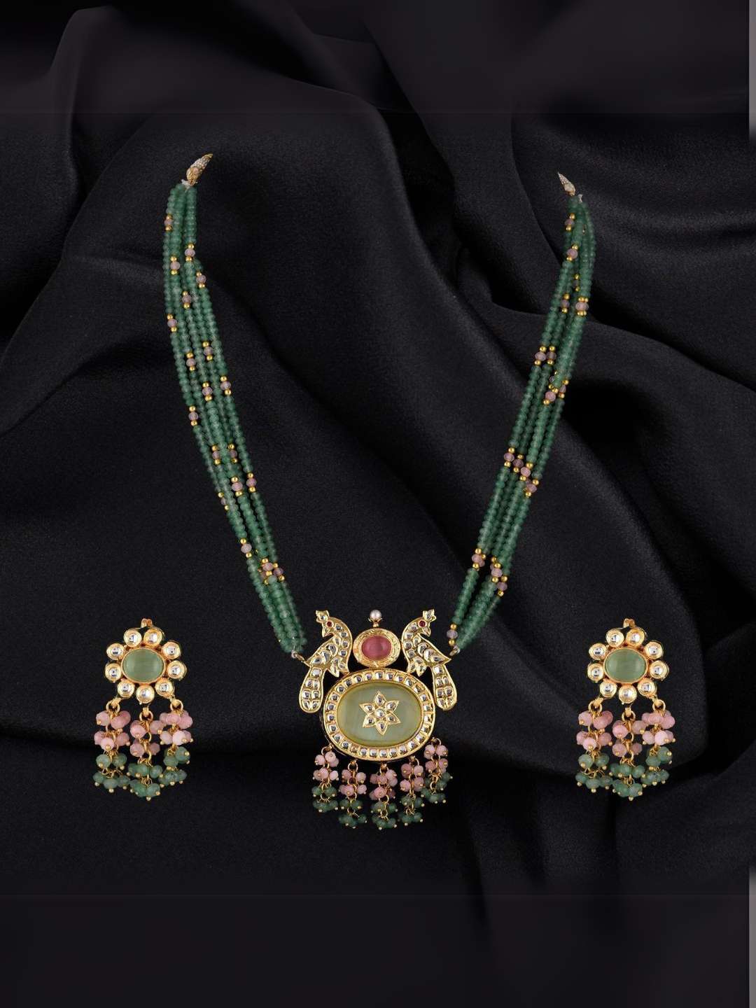 Ishhaara Pink Traditional Gold Plated Multistrand Beaded Kundan And Meenakari Necklace Set