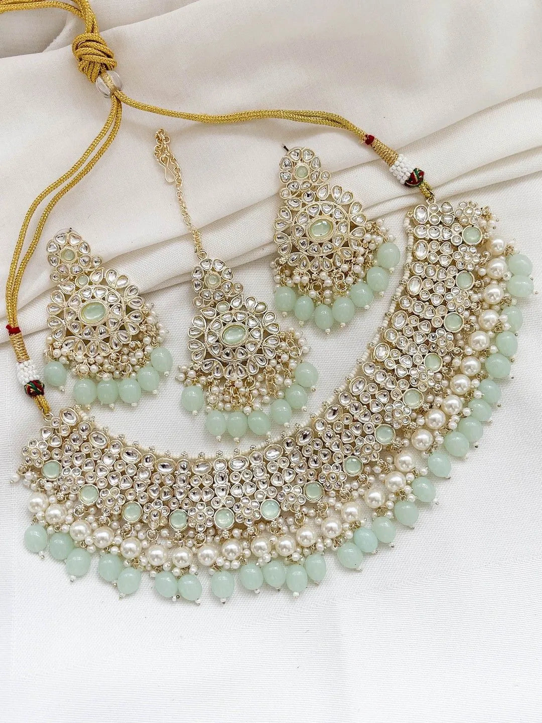 Ishhaara Green Traditional Kundan Pearl Hanging Choker Necklace