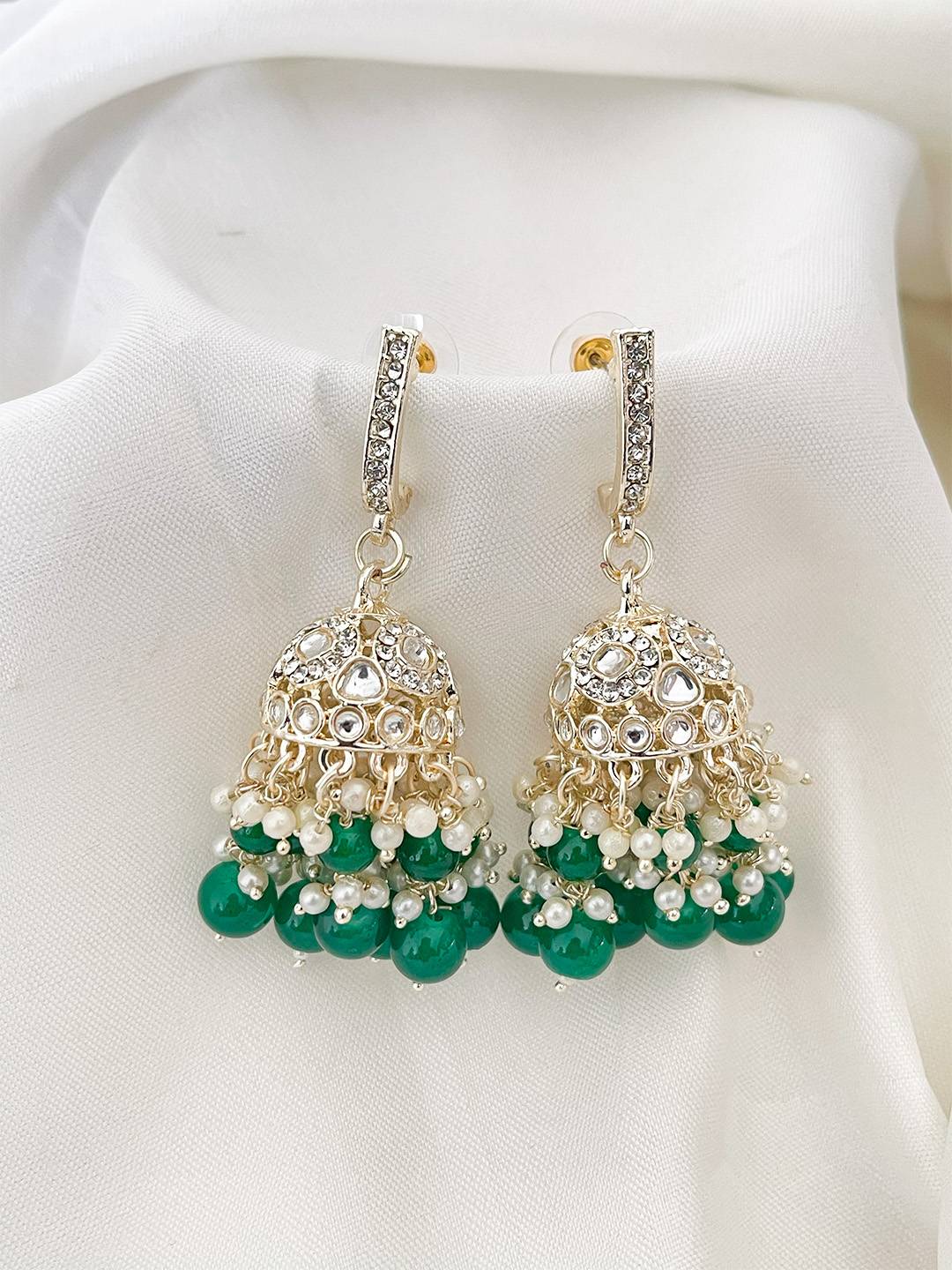 Ishhaara Green Traditional Kundan Studded Jhumkas