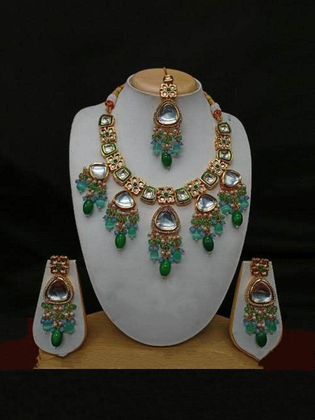 Ishhaara Triangular Hanging Kundan Necklace Earring And Teeka Set