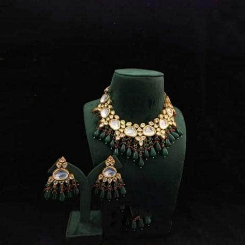 Ishhaara Triangular Kundan Necklace And Earring Set With Monalisa Beads