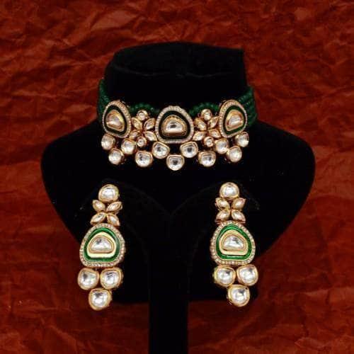 Ishhaara Green Triangular Meena AD Kundan Choker And Earring Set