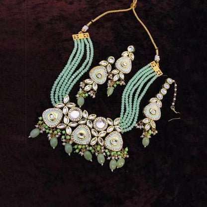 Ishhaara Triangular Meenakundan Necklace Earring And Teeka Set