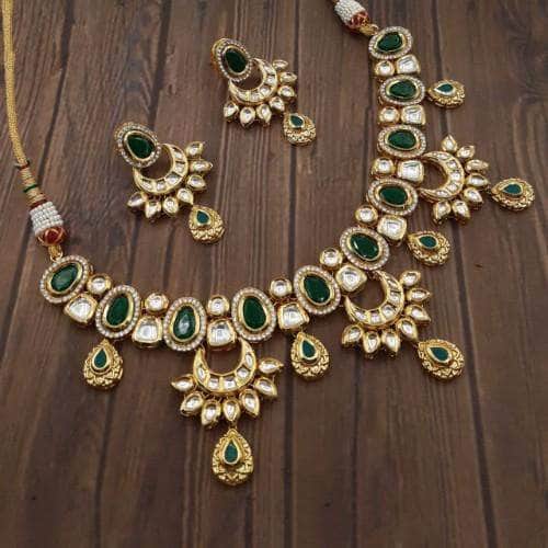 Ishhaara Green Triple Chand AD Kundan Necklace Set