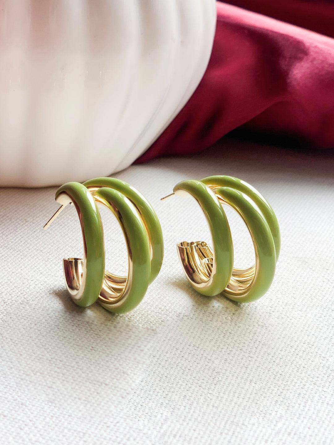 Ishhaara Green Triple Tiny Hoop Earrings