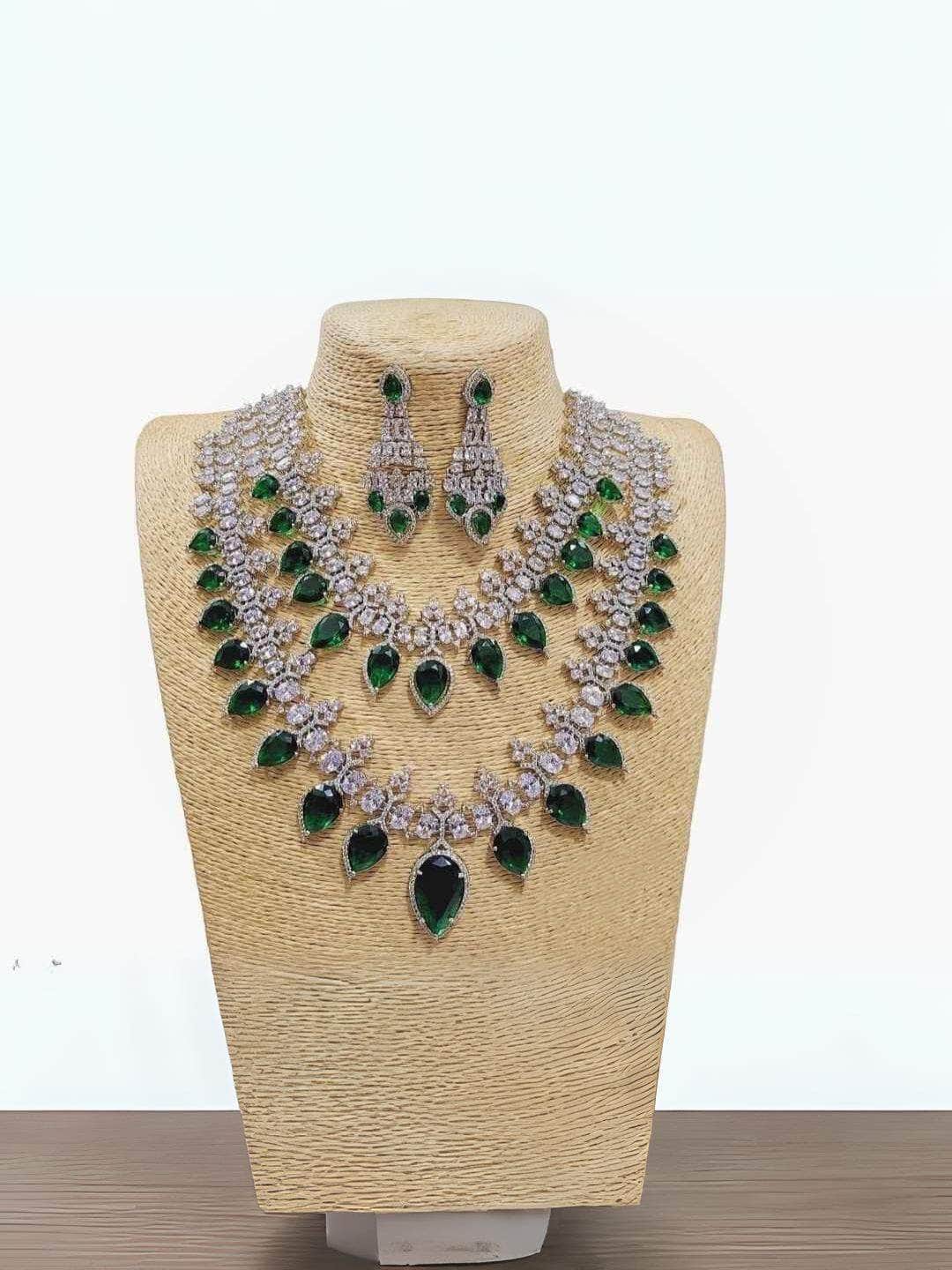 Ishhaara Green Two Layered Platinum Cz Necklace Set