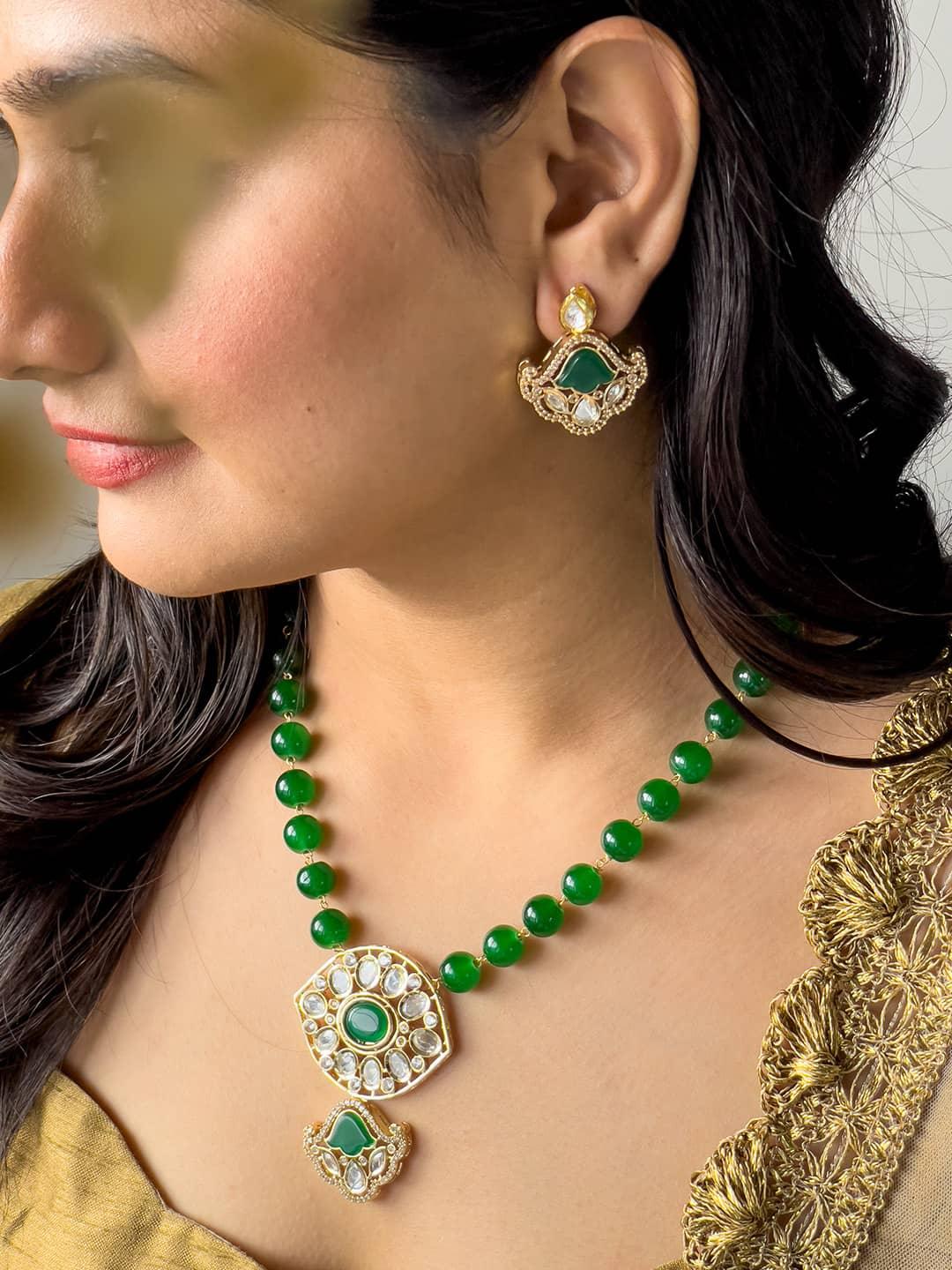 Ishhaara Green Two Tone Finish Kundan Polki And Agate Long Necklace Set