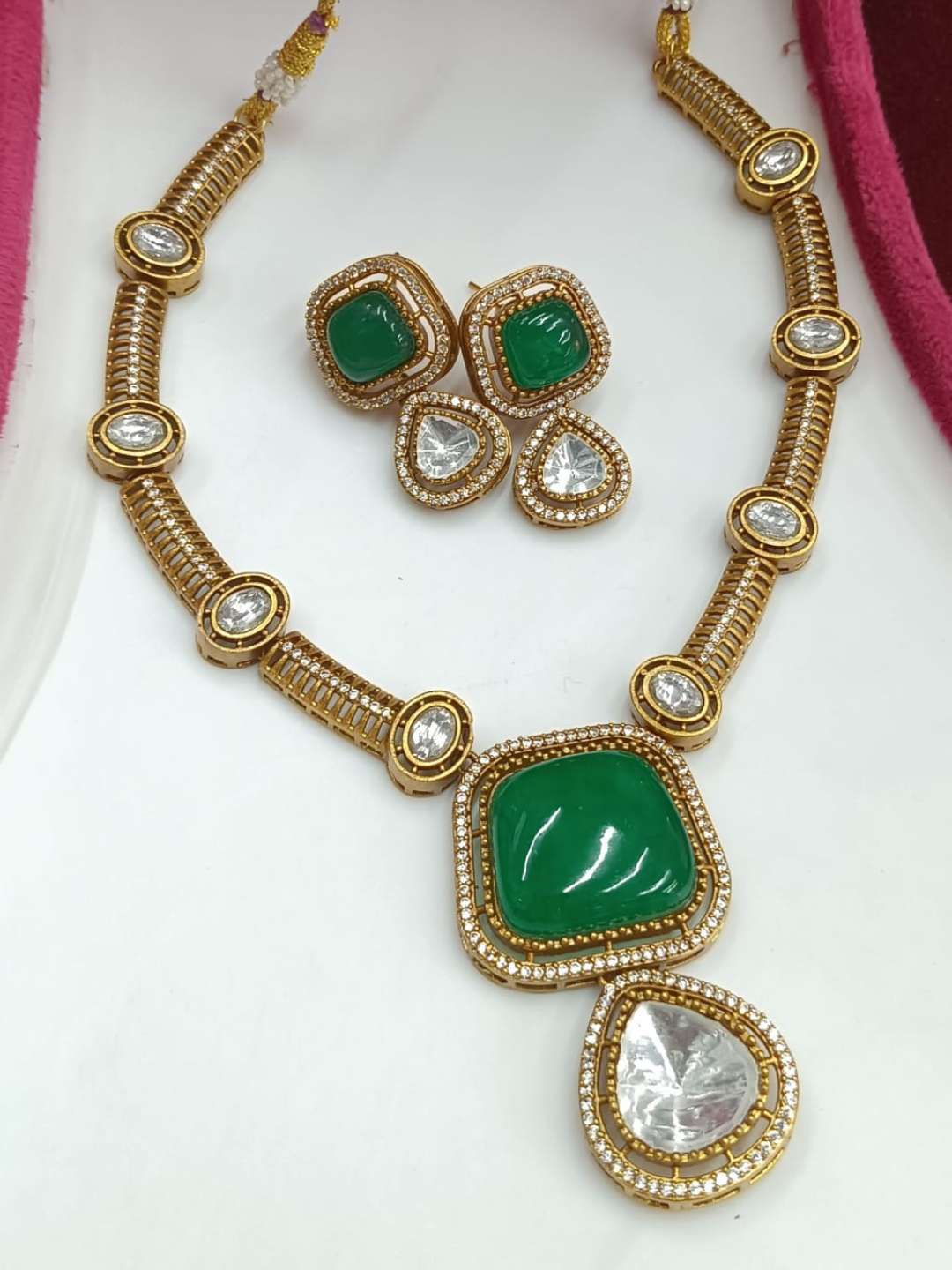 Ishhaara Green Two Tone Finish Zircon Beaded Necklace Set