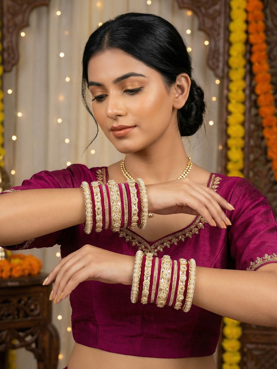 Ishhaara Green Velvet Ethnic Blouse - a woman wearing a green velvet blouse with gold embroidery - view 3