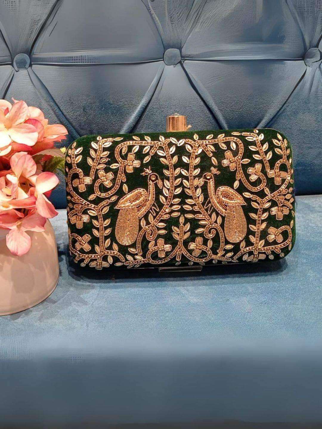 Ishhaara Green Velvet Zardosi Metal Box Clutch