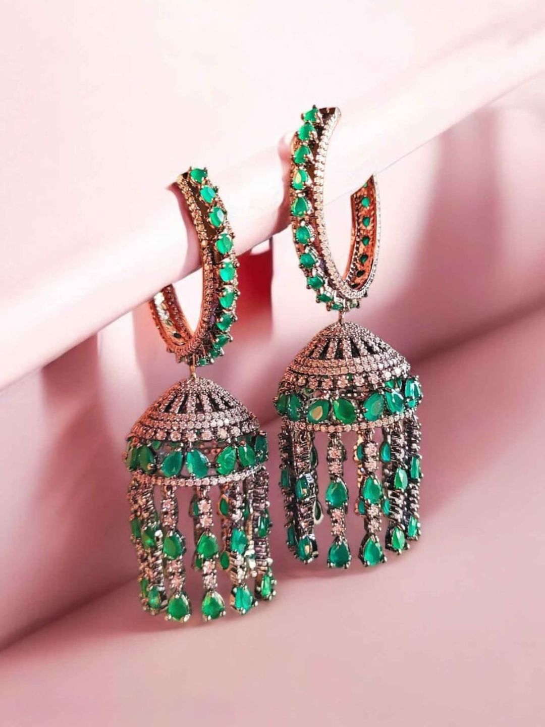 Ishhaara Green Victorian Polished Stone Jhumkas