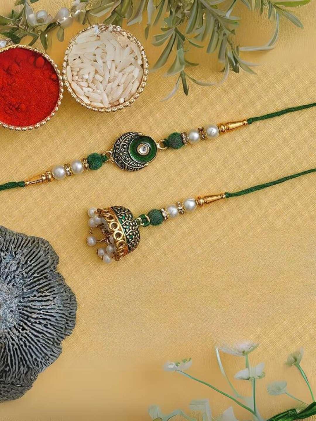 Ishhaara Green White And Golden Meenakari Bhaiya Bhabhi Rakhi