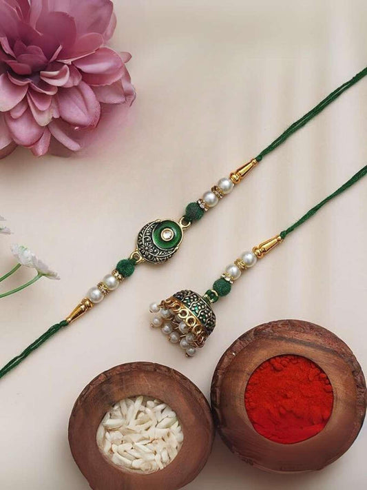 Ishhaara Green White And Golden Meenakari Bhaiya Bhabhi Rakhi