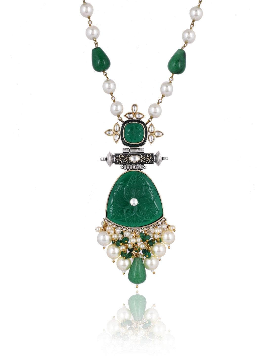 Ishhaara Green & White Beaded Pendant Necklace Set