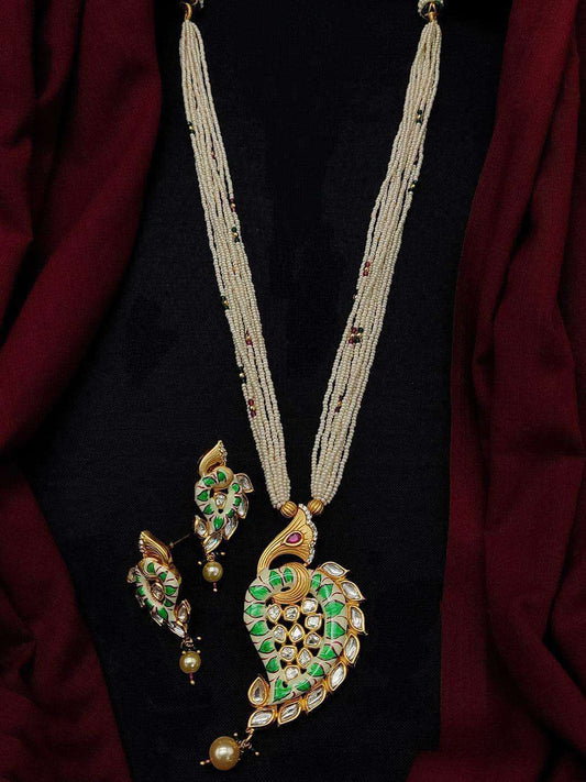 Ishhaara White Beads With Kundan Paisley Pendant Necklace Set