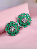 Ishhaara Green Zircon Stone Studded Square Shaped Stud Earrings