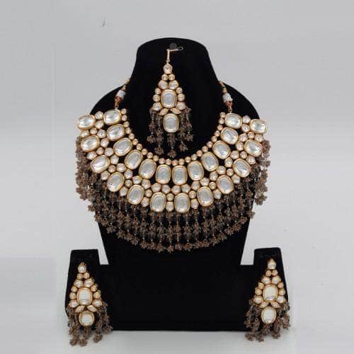 Ishhaara Grey Big Kundan Semi Circular Necklace Earring And Teeka Set