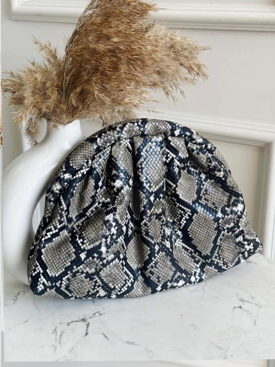 Ishhaara Grey Crescent Frame Faux Leather Cloud Bag