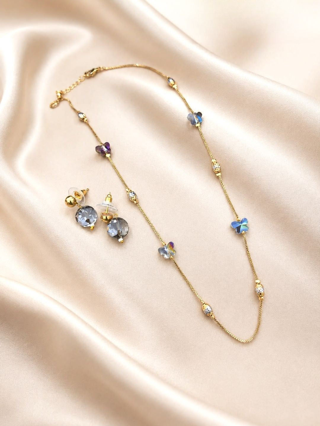 Ishhaara Grey Crystal Butterfly Charm Necklace & Earring Set