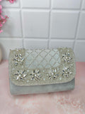 Ishhaara Grey Designer Crystals Stone Seude Fabric Clutch Bag 