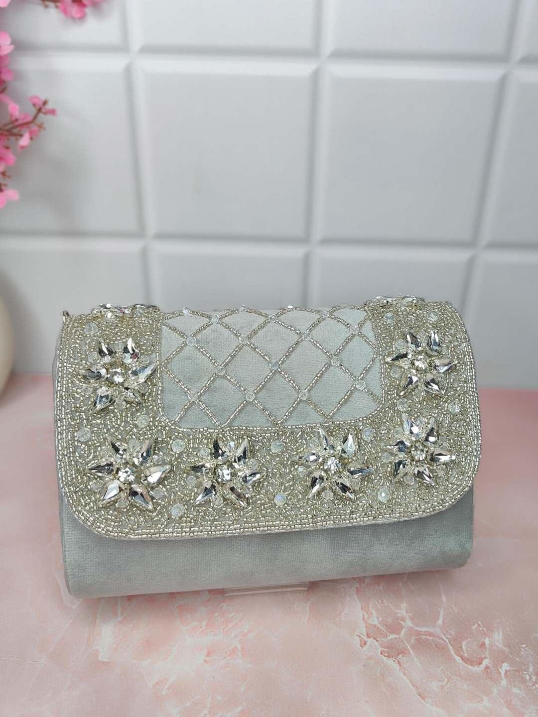 Ishhaara Grey Designer Crystals Stone Seude Fabric Clutch Bag 