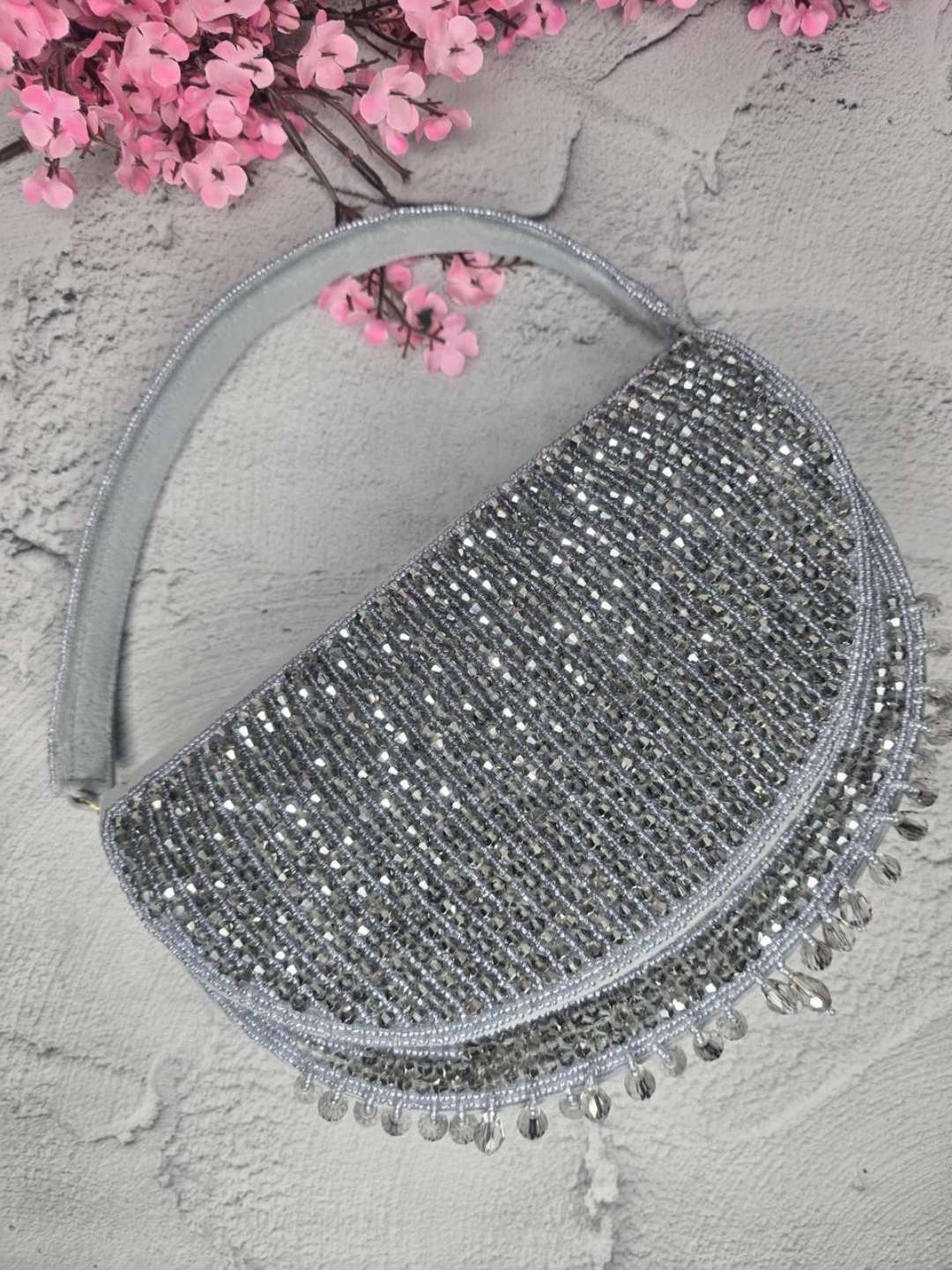 Ishhaara Grey Designer Moon Flap Clutch Bag 