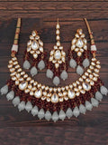 Ishhaara Drop Kundan Coral Necklace Earring And Teeka Set