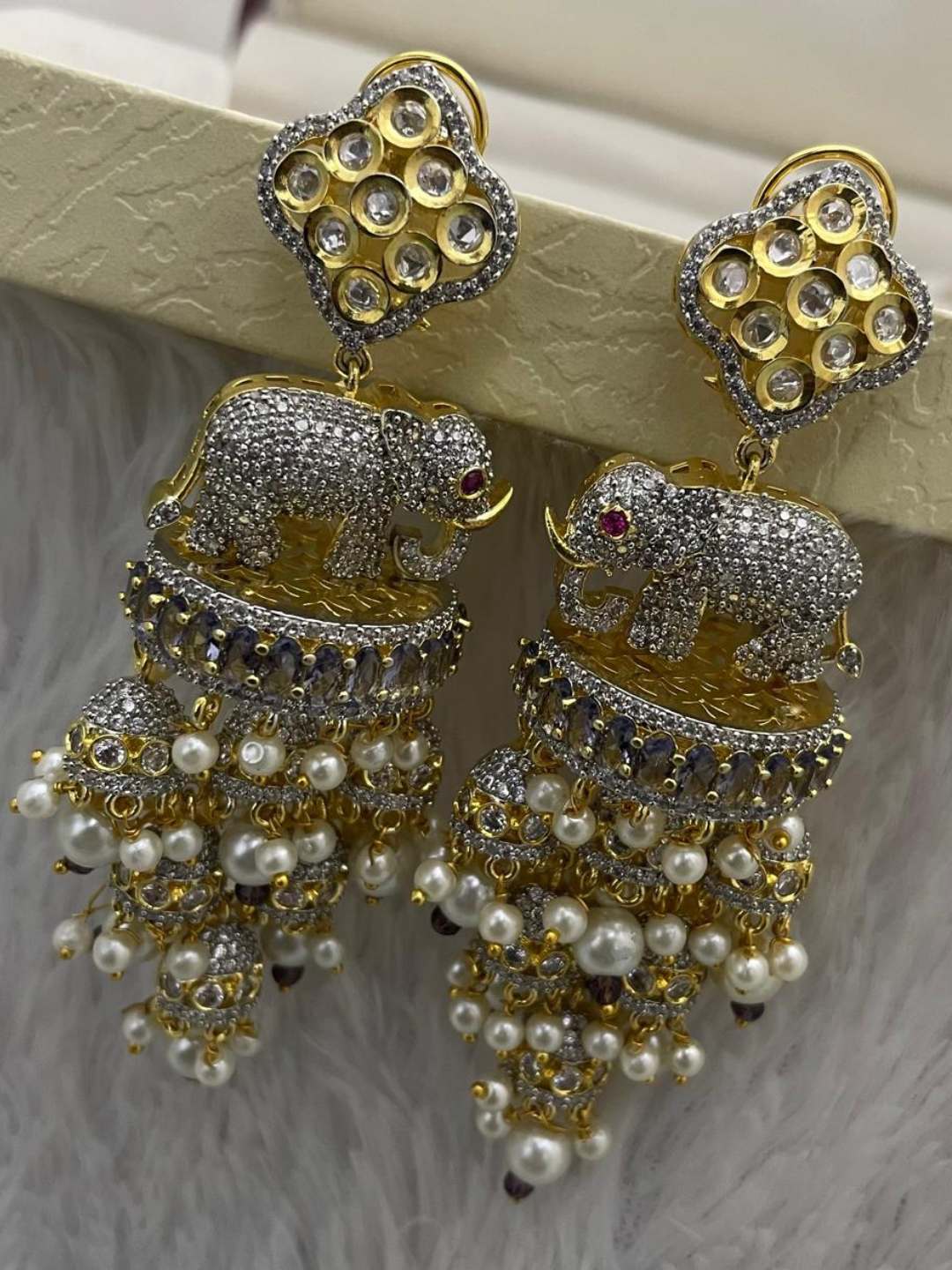 Ishhaara Grey Elephant Motif Kundan Earrings