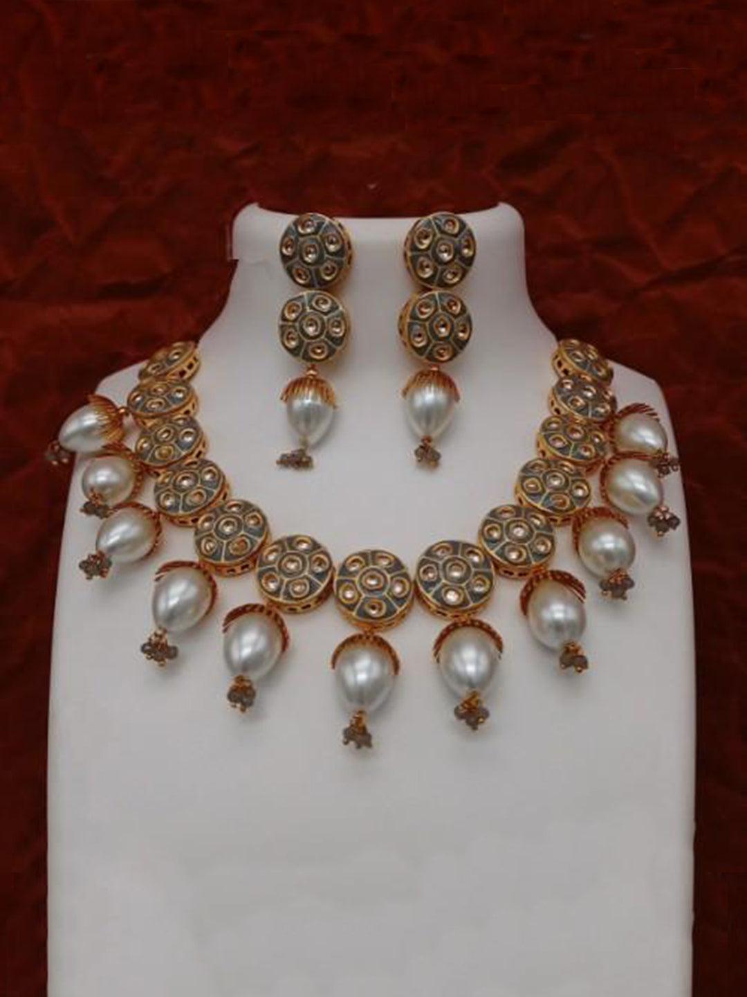 Ishhaara Grey Jadau Meena Pearls Necklace And Earring Set