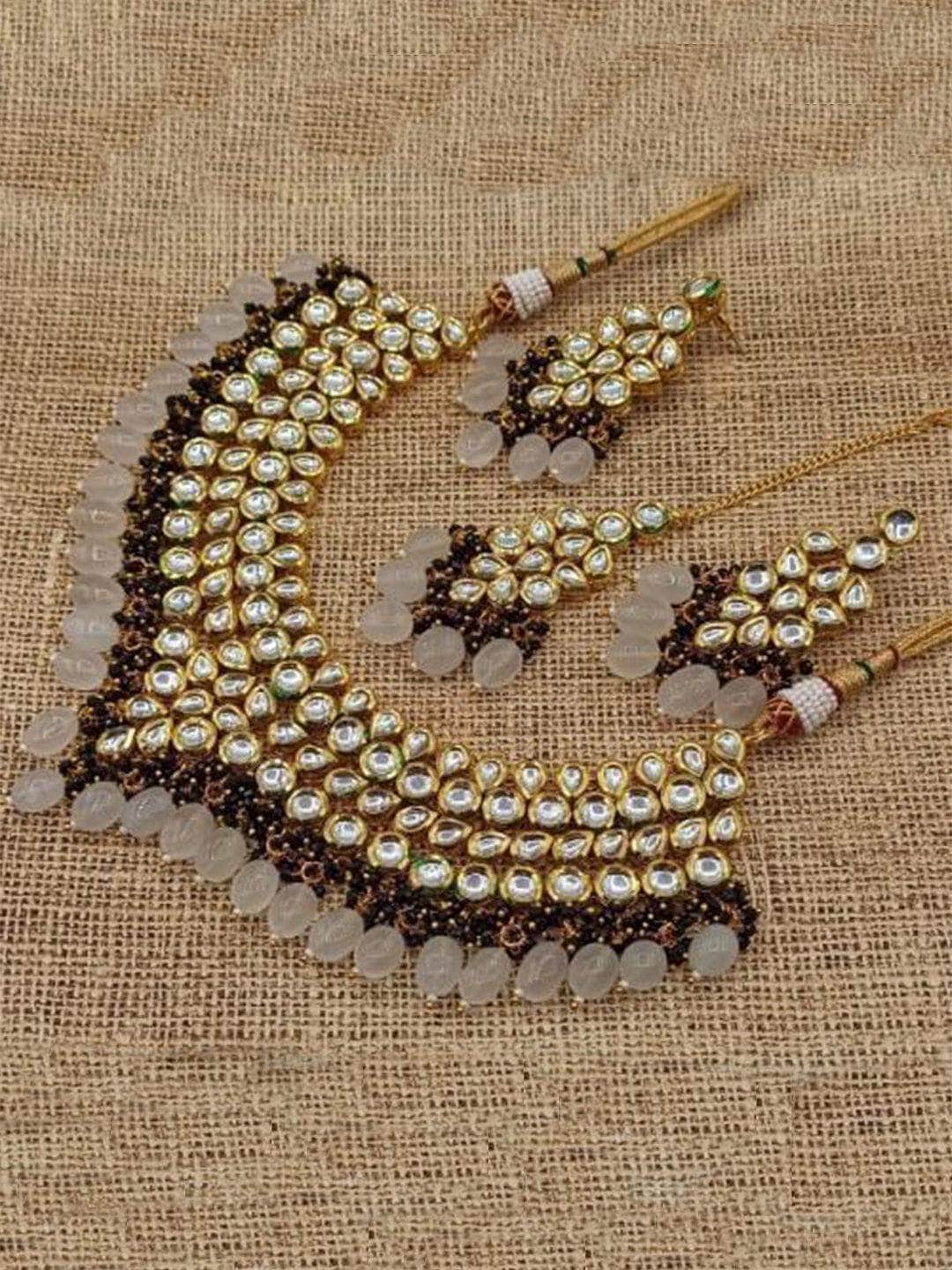 Ishhaara Grey Kundan Beads Fine Necklace Earring And Teeka Set