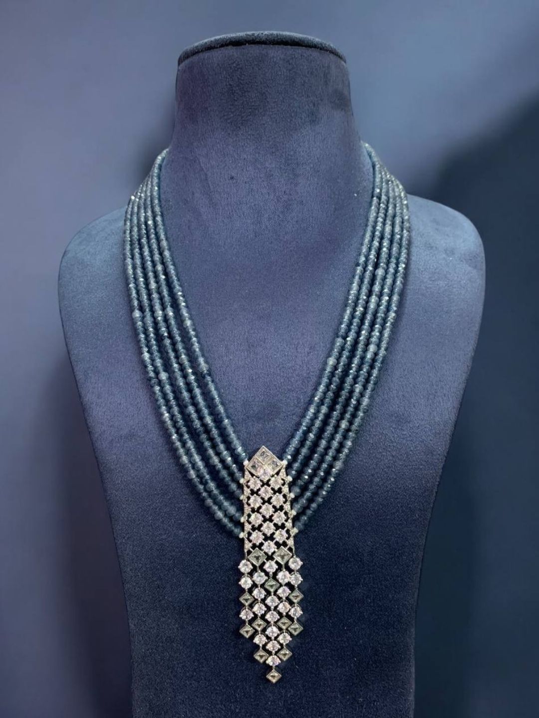 Ishhaara Grey Long Beaded Diamond Pendant Necklace