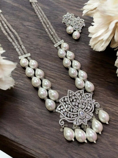 Ishhaara Grey Lotus Shaped Pendant Studded Long Necklace