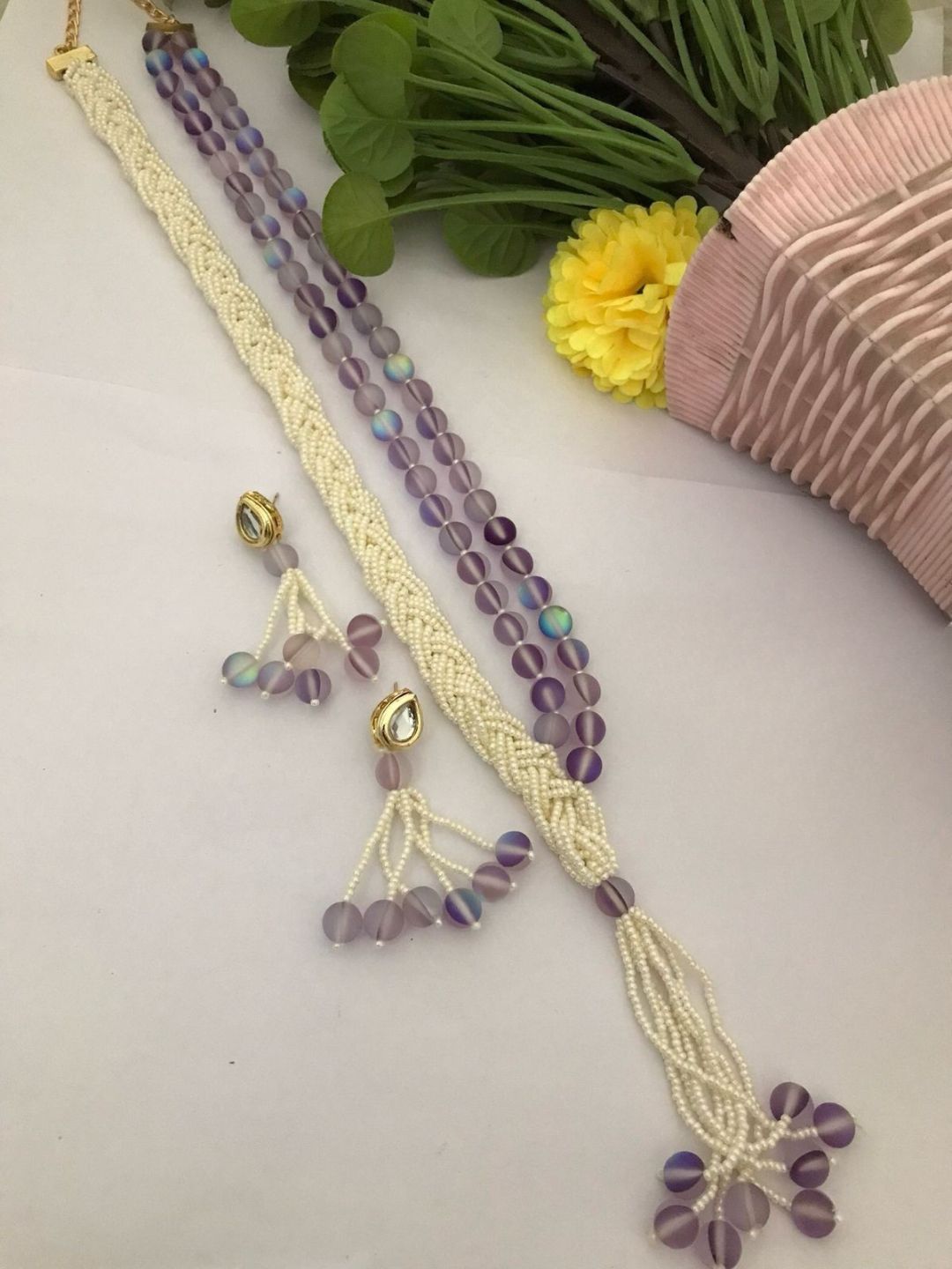 Ishhaara Grey Multi Layered Pearl Embedded Necklace Set