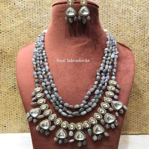 Ishhaara Grey Multi Layered Precious Stone Polki Hanging Necklace