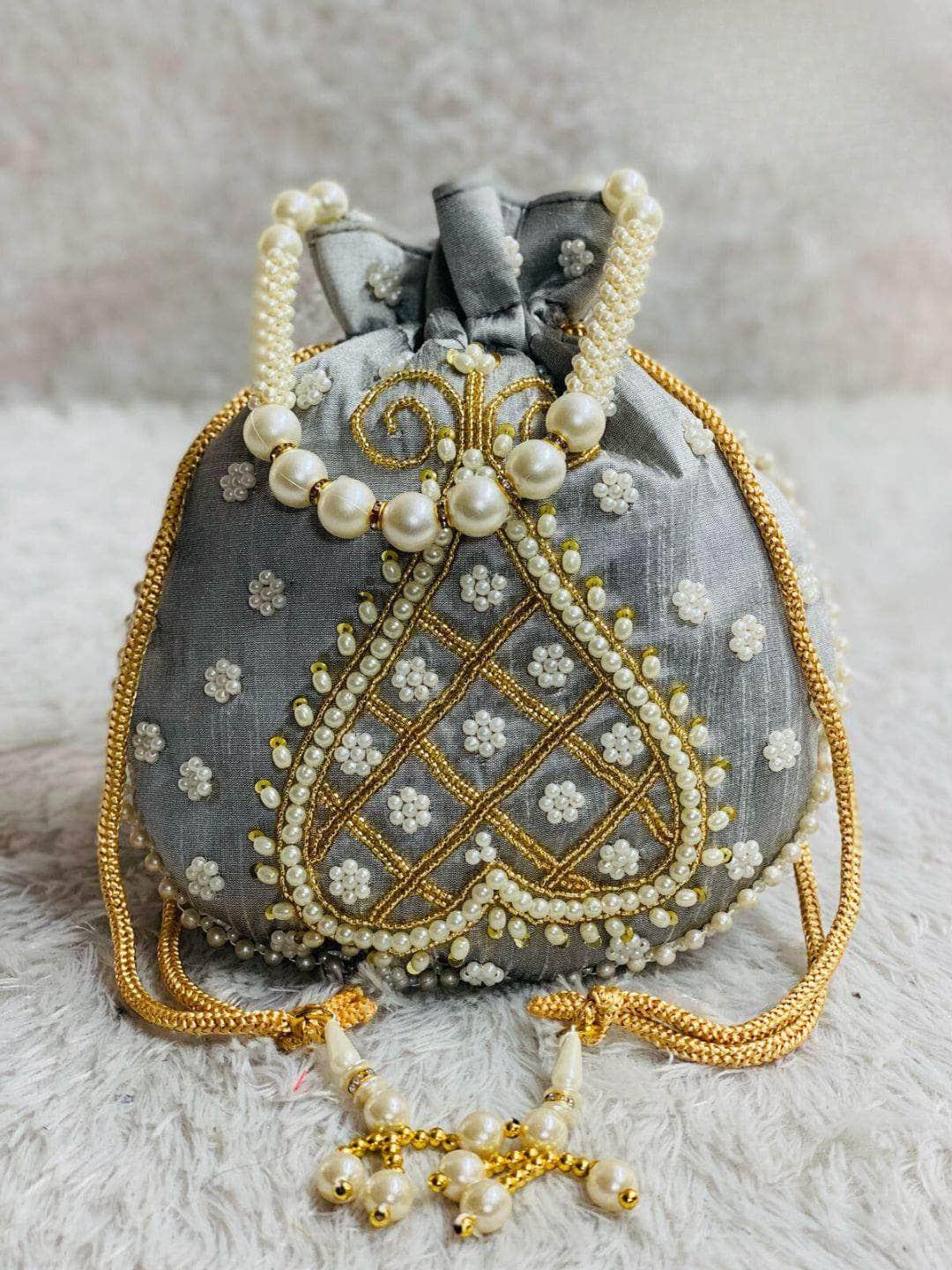 Ishhaara Grey Pearl Beaded Potli Bags